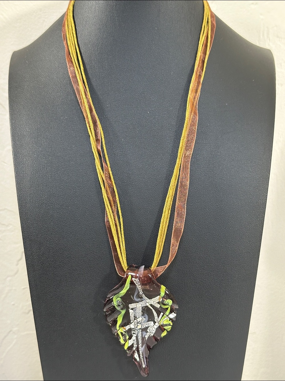 Dichroic Glass Leaf Metallic Silver & Green Strips Four Cord & Ribbon Necklace